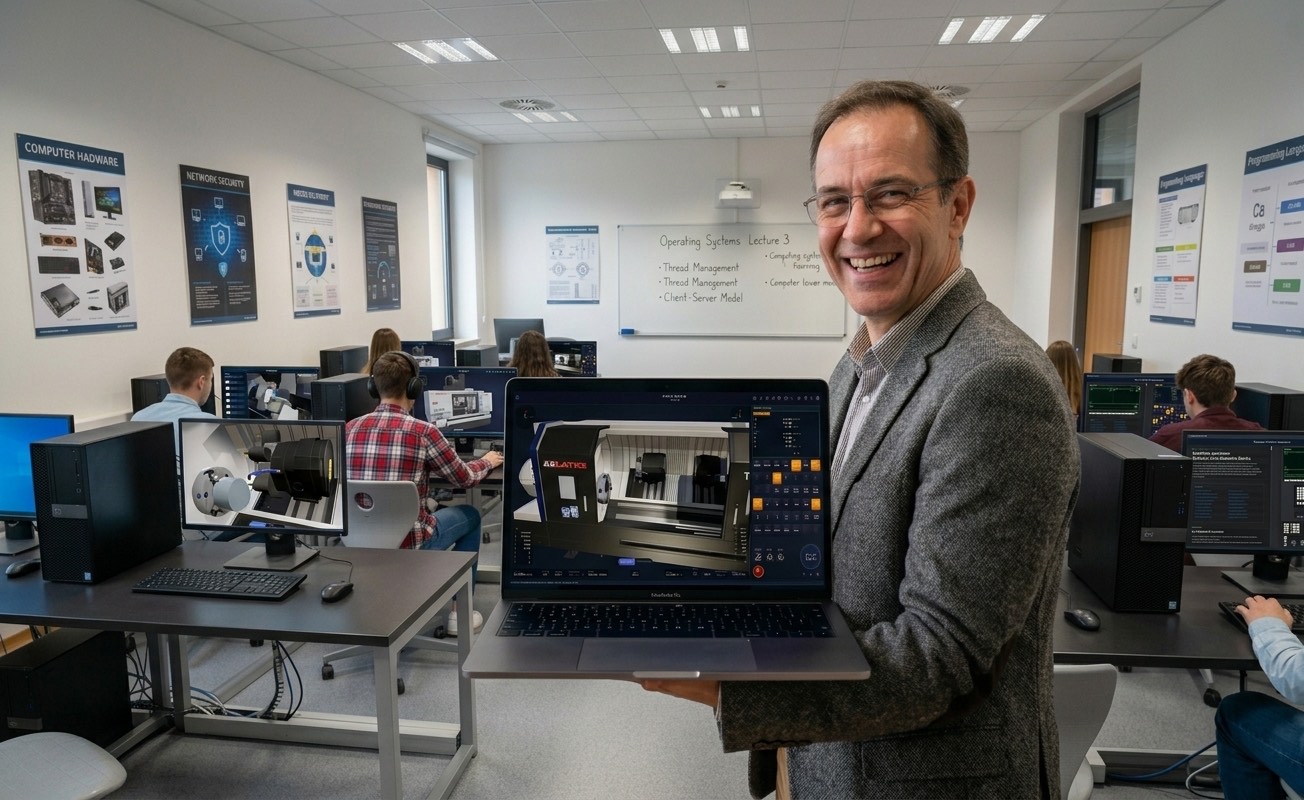 Docente mostra CNC Code Desktop in aula informatica
