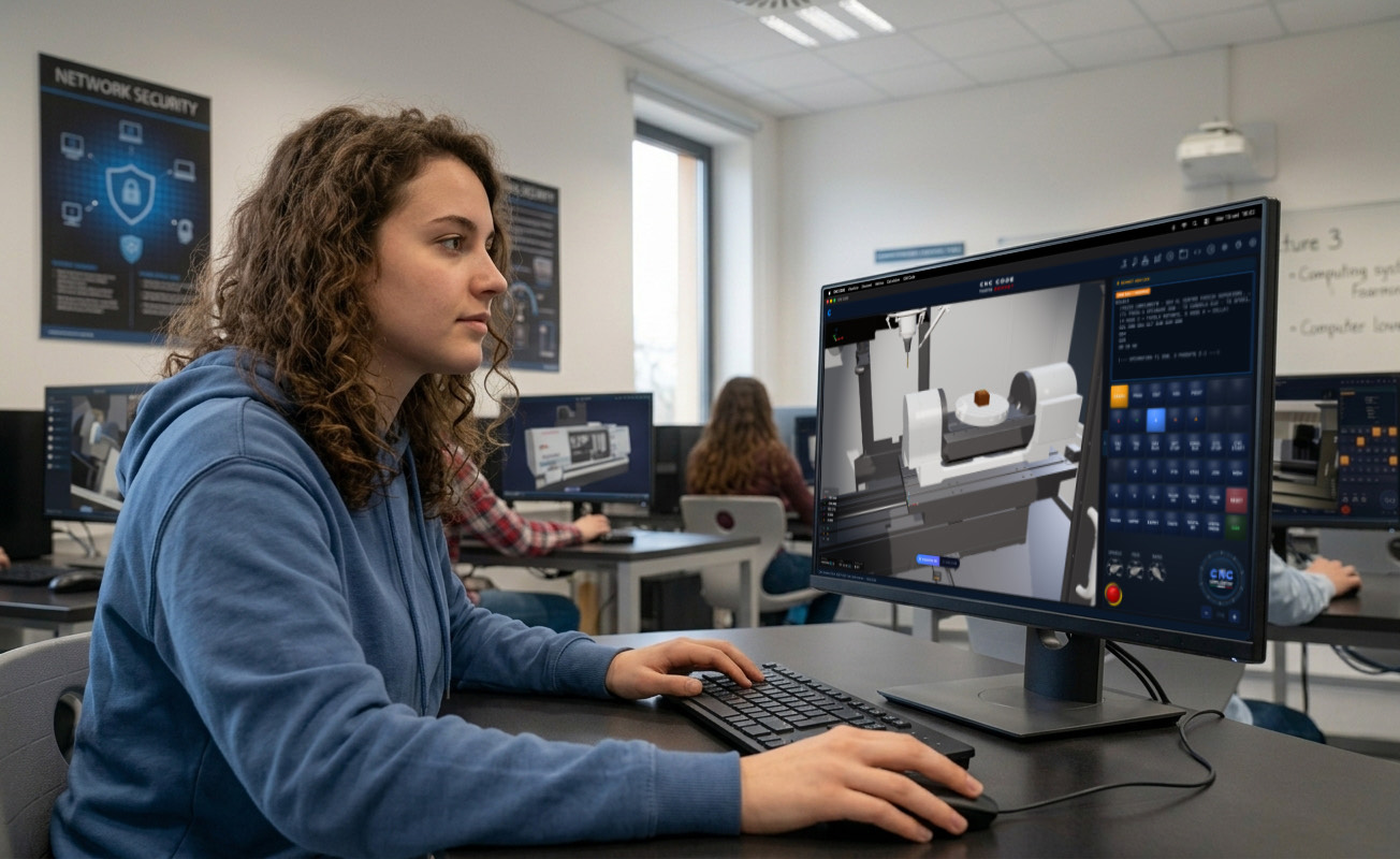 Studentessa programma al tornio con CNC Code Desktop