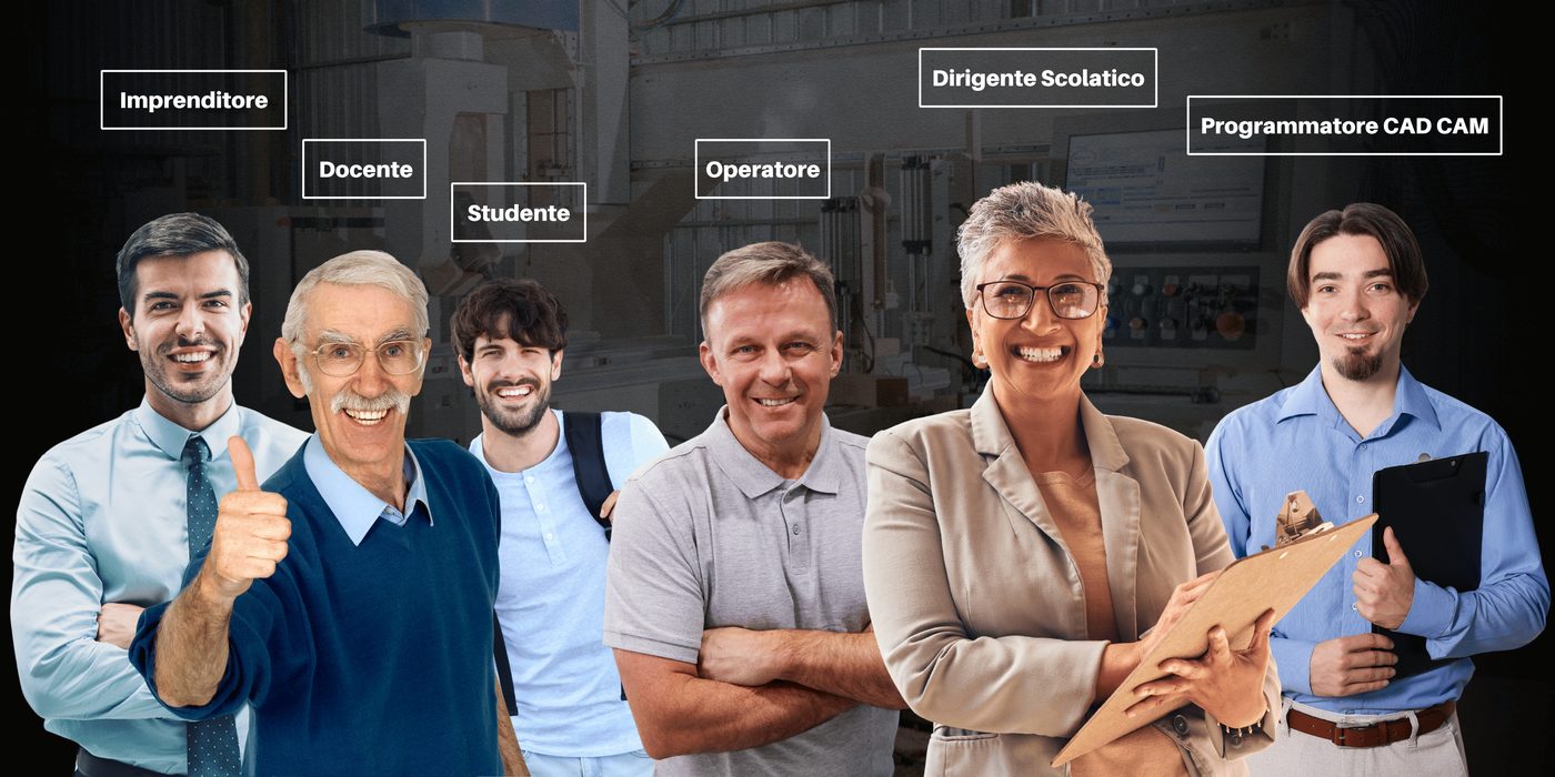 Gli utenti di CNC Simulator Italia: imprenditore, docente, studente, operatore, dirigente scolastico e programmatore CAD CAM davanti a una macchina utensile