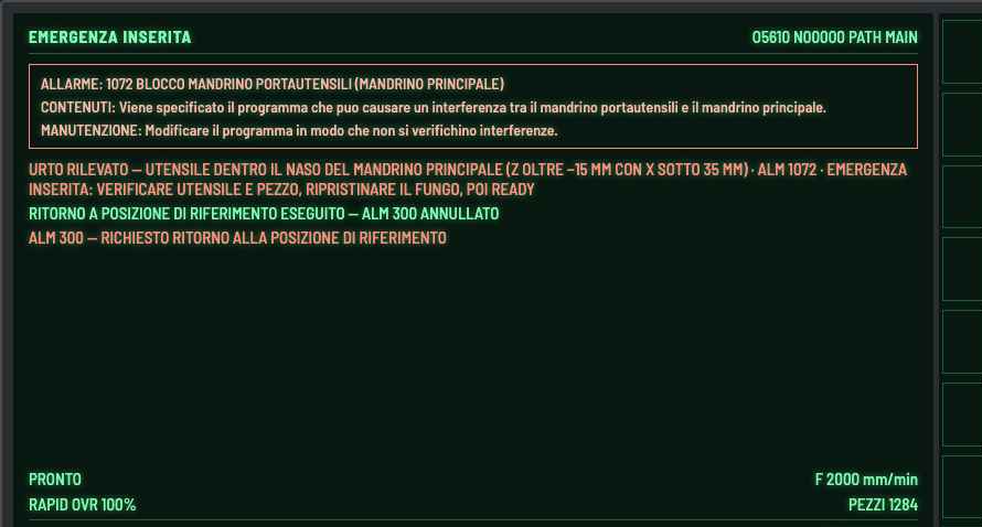 Fig. 25 — Schermo dopo un urto simulato: intestazione EMERGENZA INSERITA, ALM 1072 con contenuti e manutenzione, messaggio di urto rilevato.