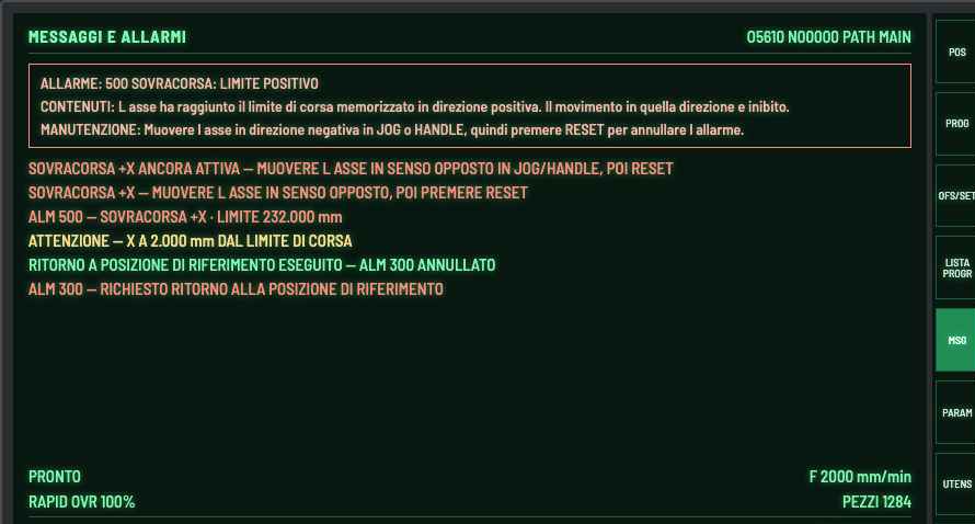 Fig. 24 — Pagina MESSAGGI E ALLARMI con ALM 500 sovracorsa limite positivo, contenuti, manutenzione e storico dei messaggi.