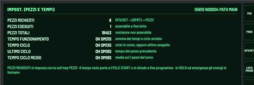 Fig. 27 — Pagina IMPOST. (PEZZI E TEMPI): pezzi richiesti, eseguiti, totali, tempo di funzionamento, tempo ciclo, ultimo ciclo e media.