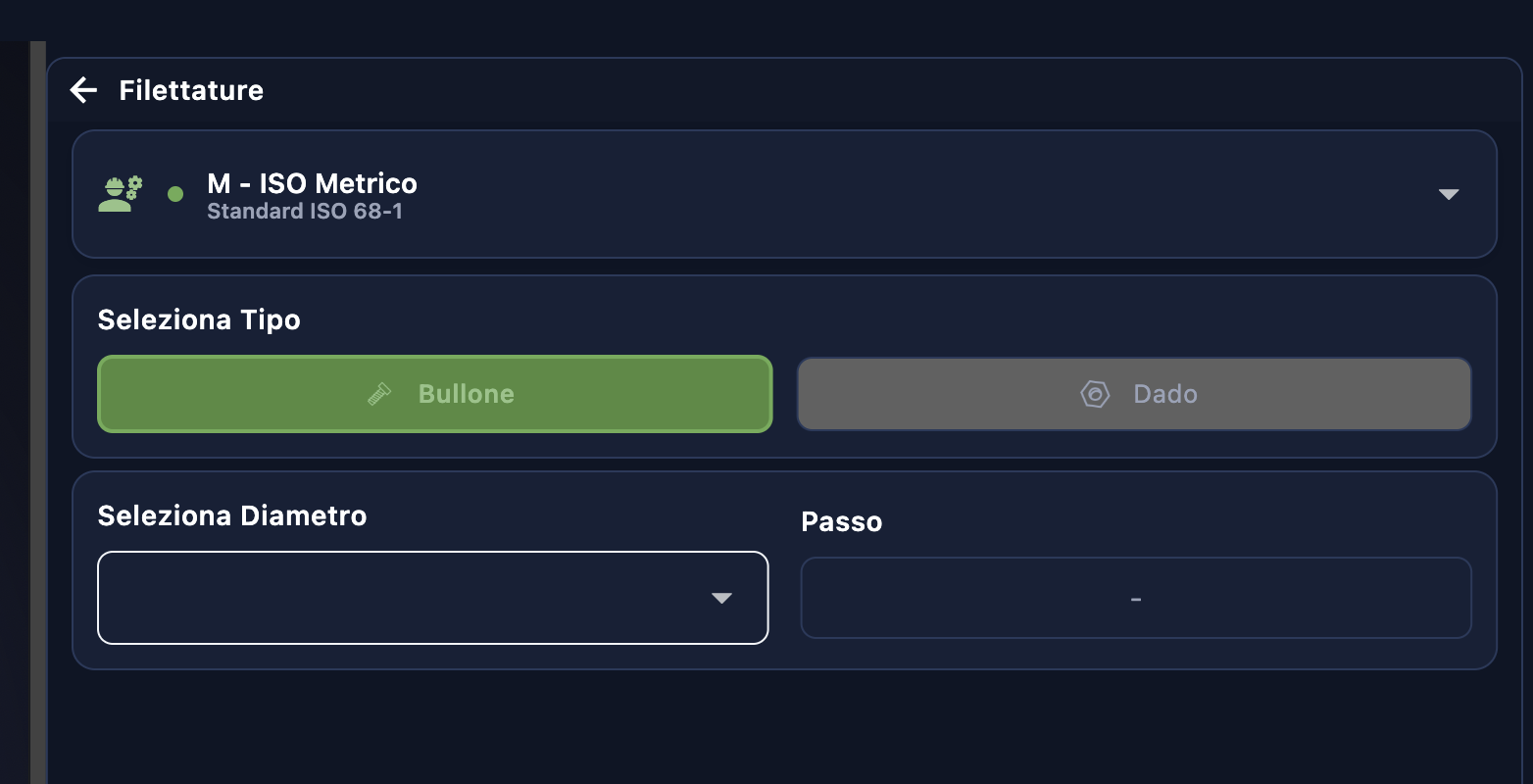 Filettature — selezione standard e tipo