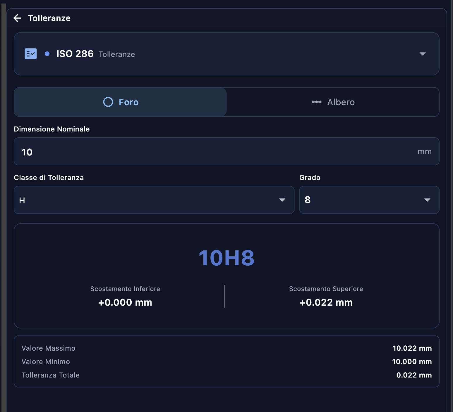Tolleranze ISO 286 — risultato 10H8