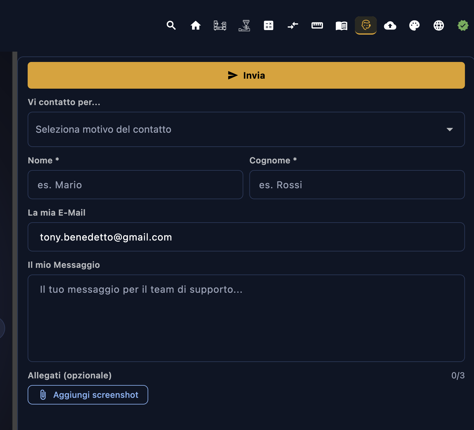Sezione Supporto — form di contatto