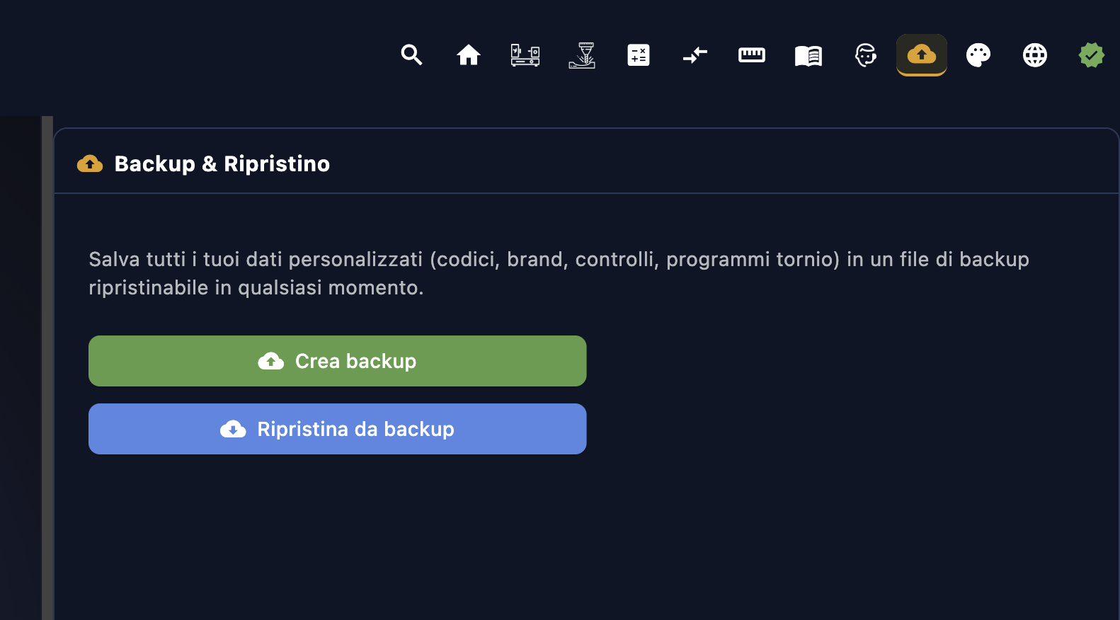 Schermata Backup e Ripristino