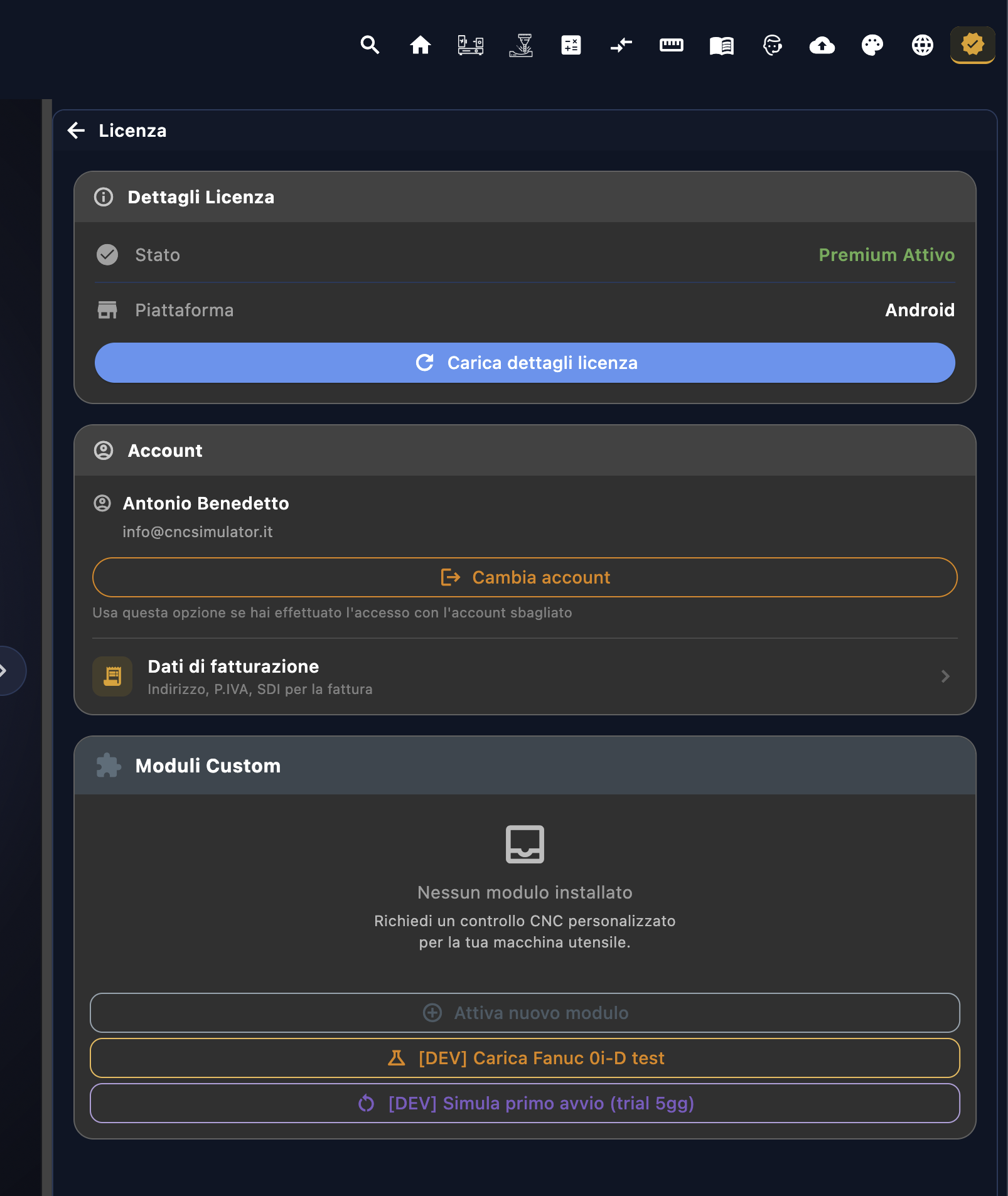 Schermata Account e Licenza