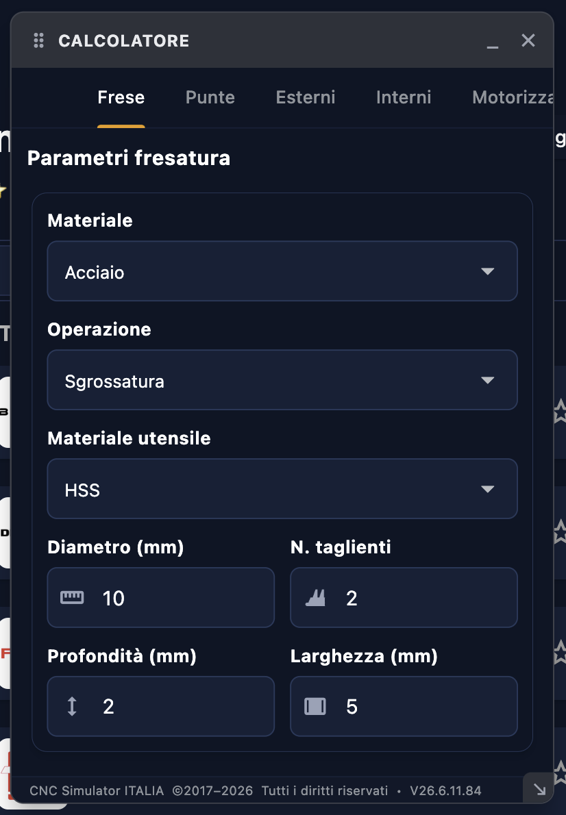 Calcolatore Tagli — parametri di taglio CNC