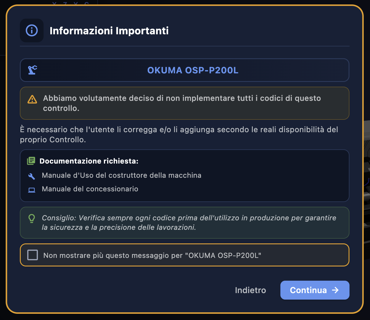 Popup Informazioni Importanti — avviso codici non implementati
