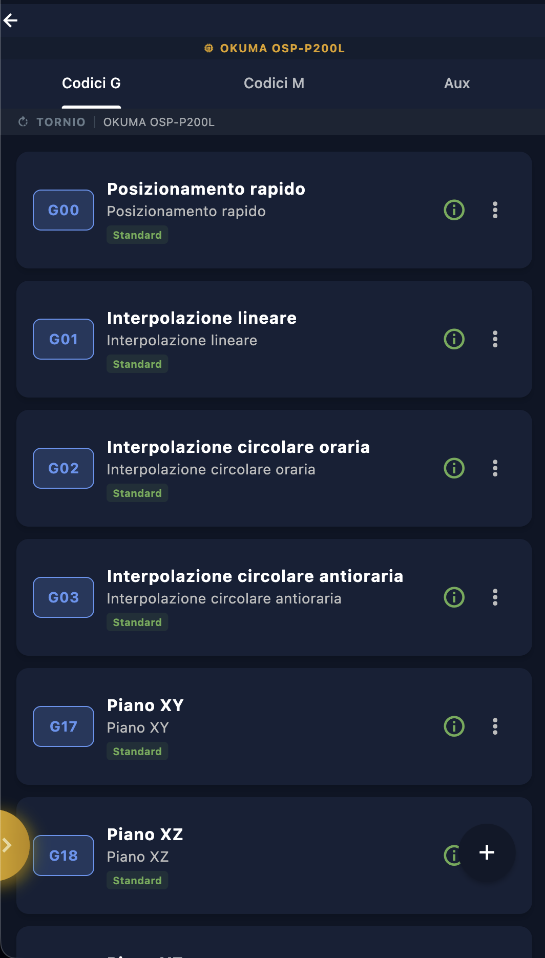 Tab Codici G — lista codici G del controllo