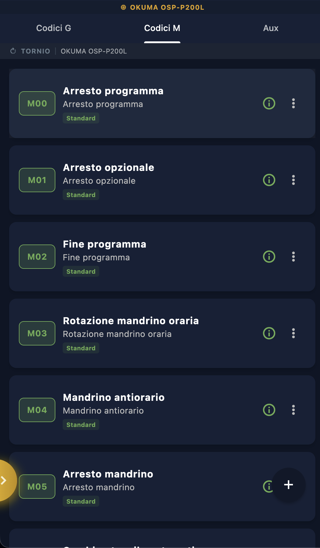 Tab Codici M — lista codici M del controllo