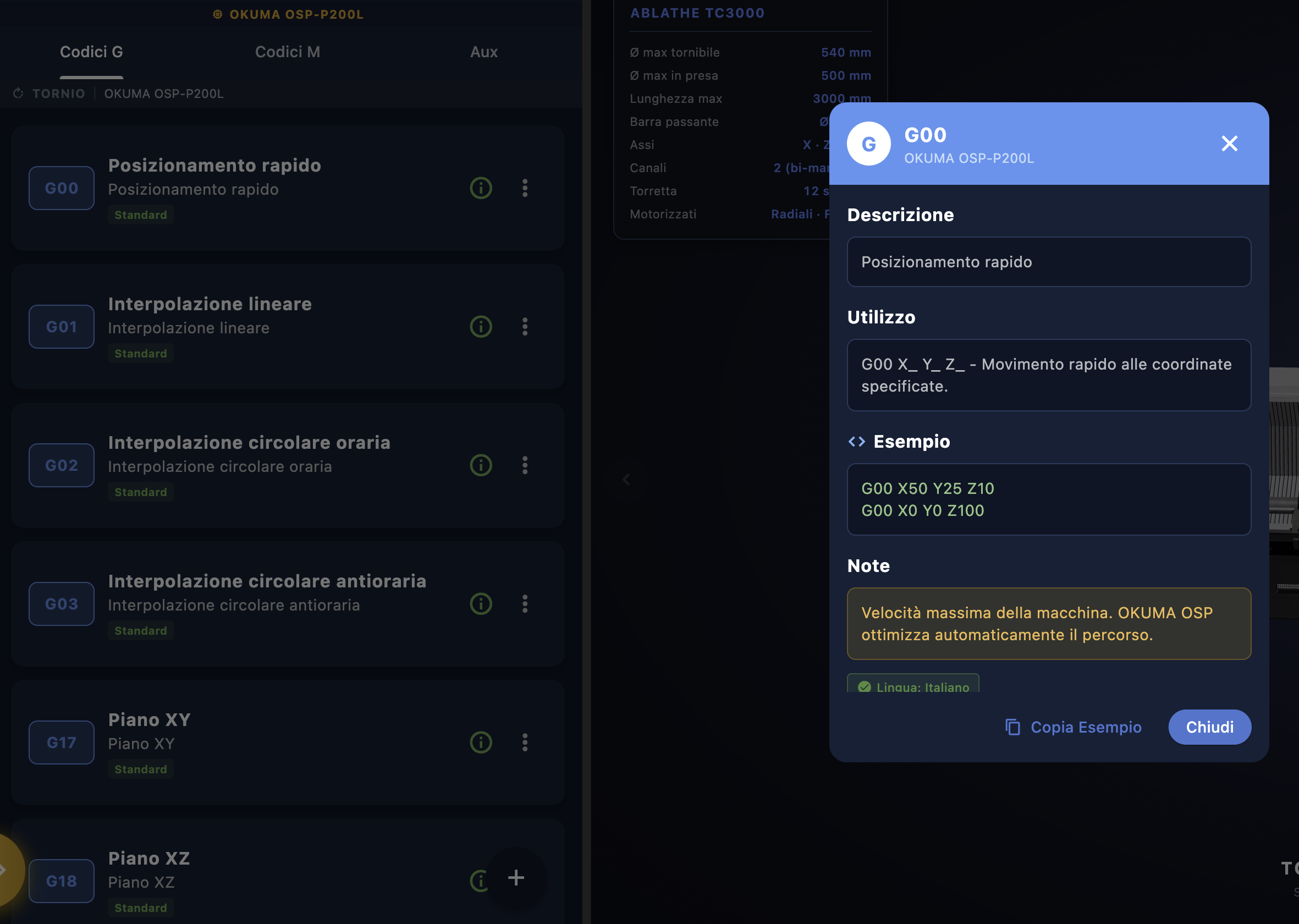 Pannello dettaglio codice G00 — Descrizione, Utilizzo, Esempio, Note