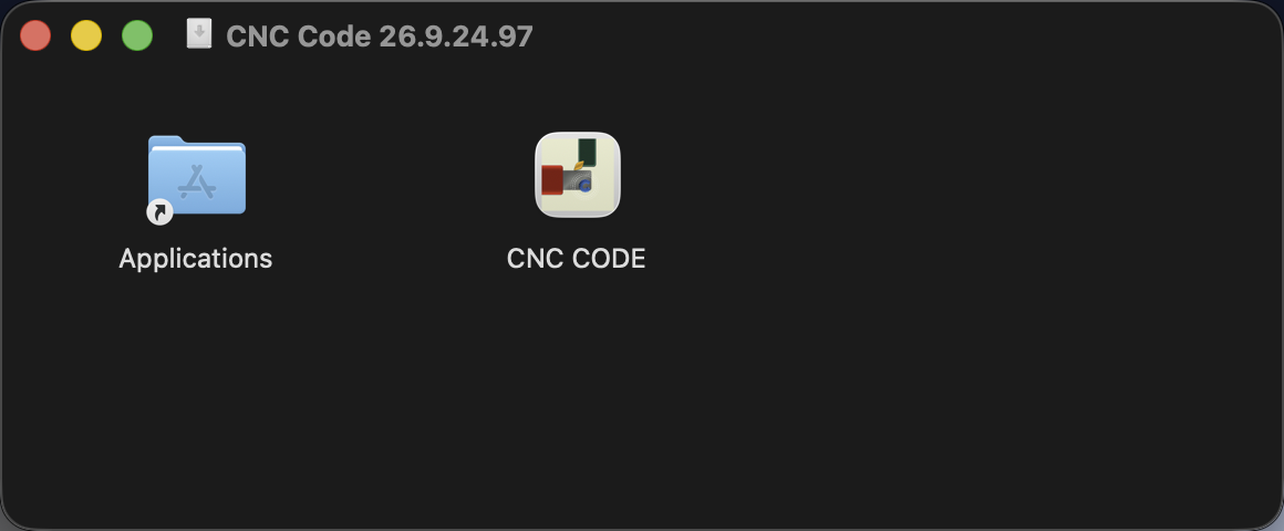 Finestra di installazione del DMG su macOS — icona CNC CODE e cartella Applicazioni