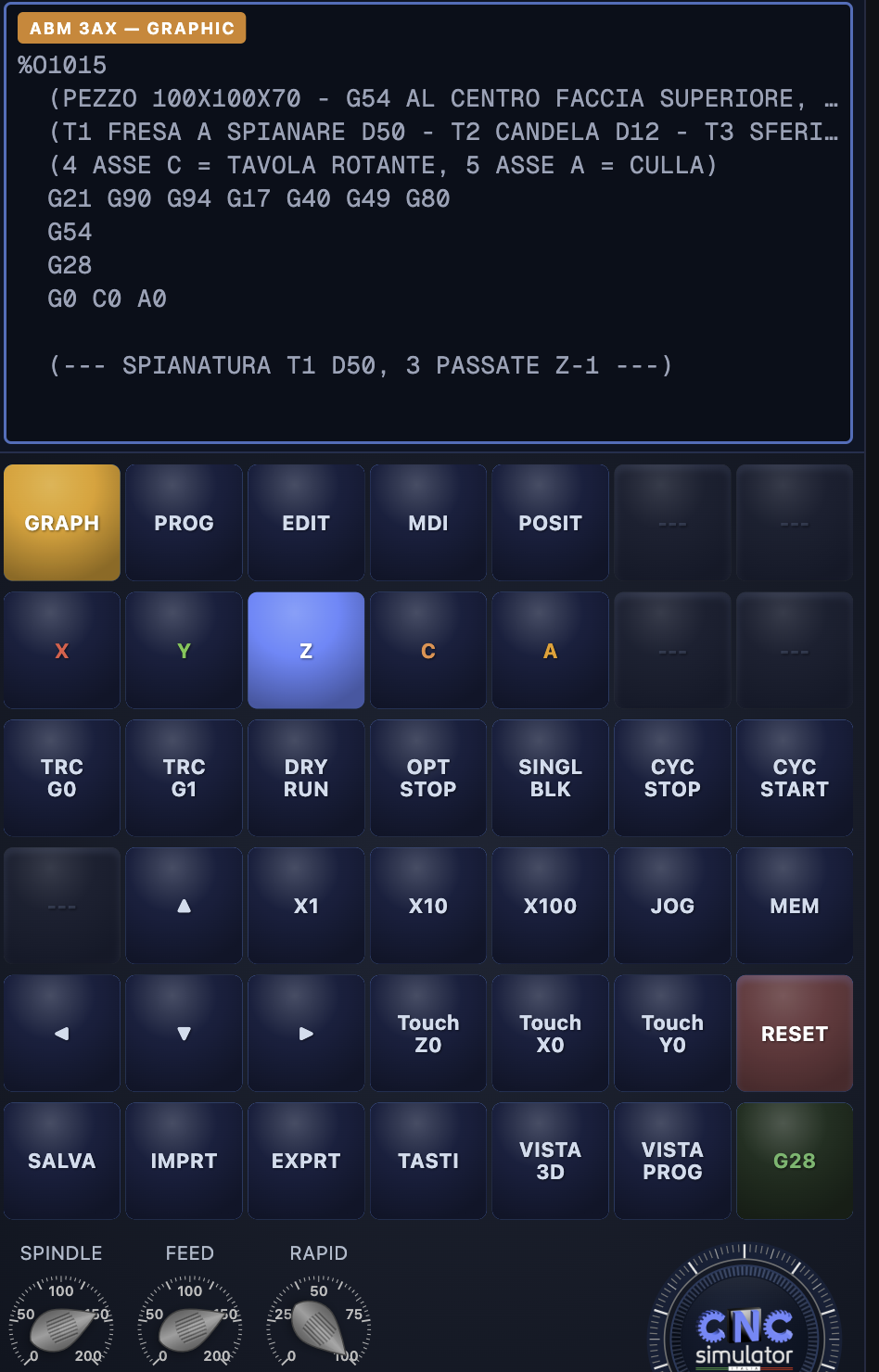 Pannello destro fresatrice — editor programma e griglia comandi