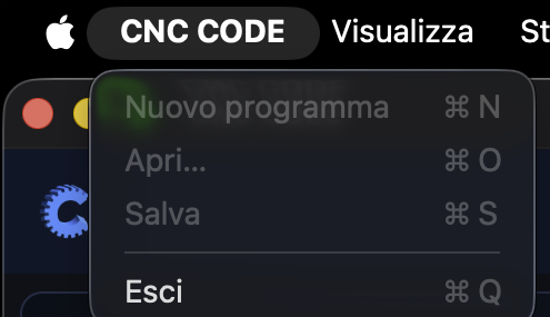 Menu CNC CODE — Nuovo programma, Apri, Salva, Esci
