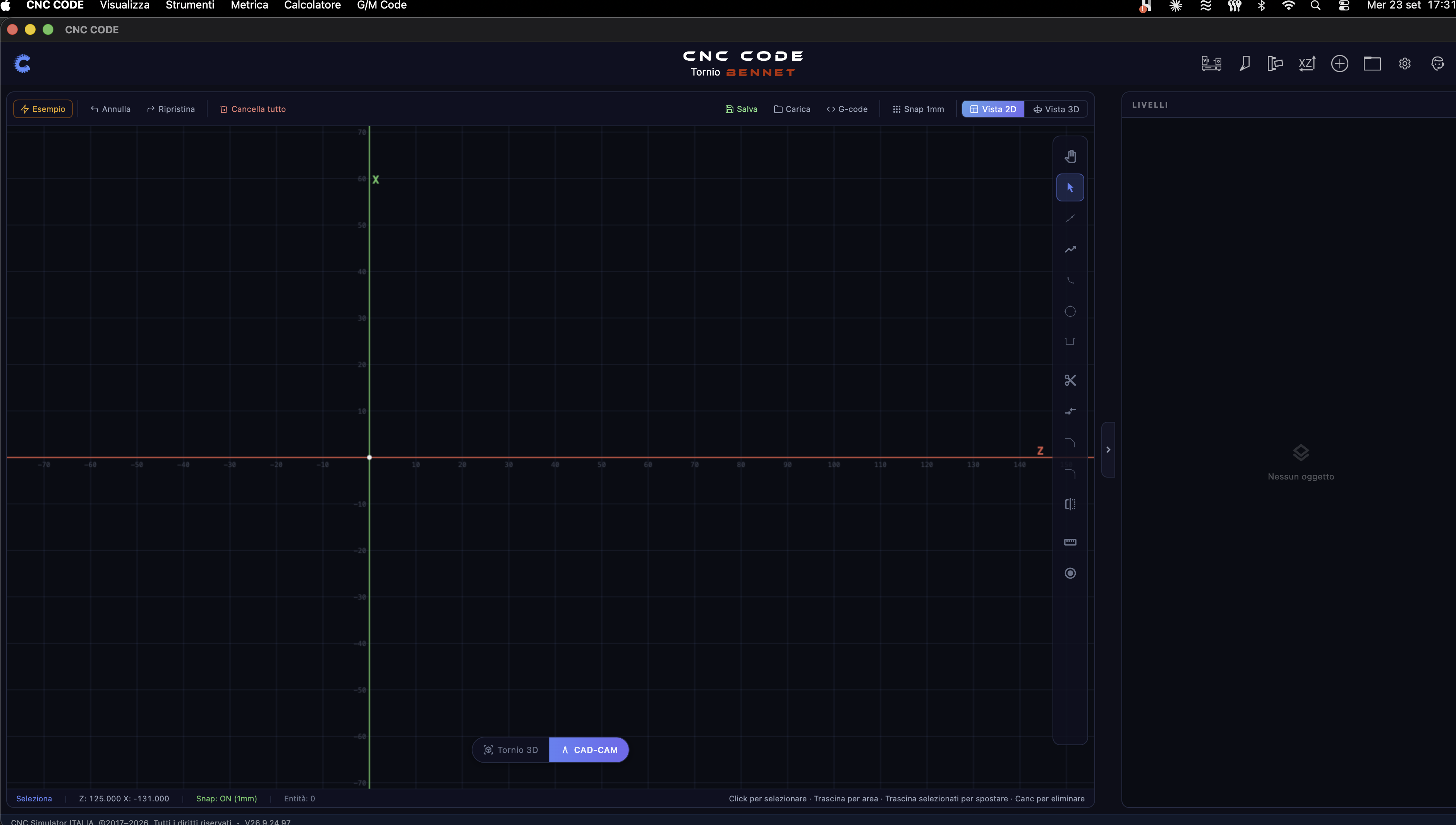 Editor CAD/CAM del tornio — canvas 2D vuoto con barra strumenti e pannello Livelli