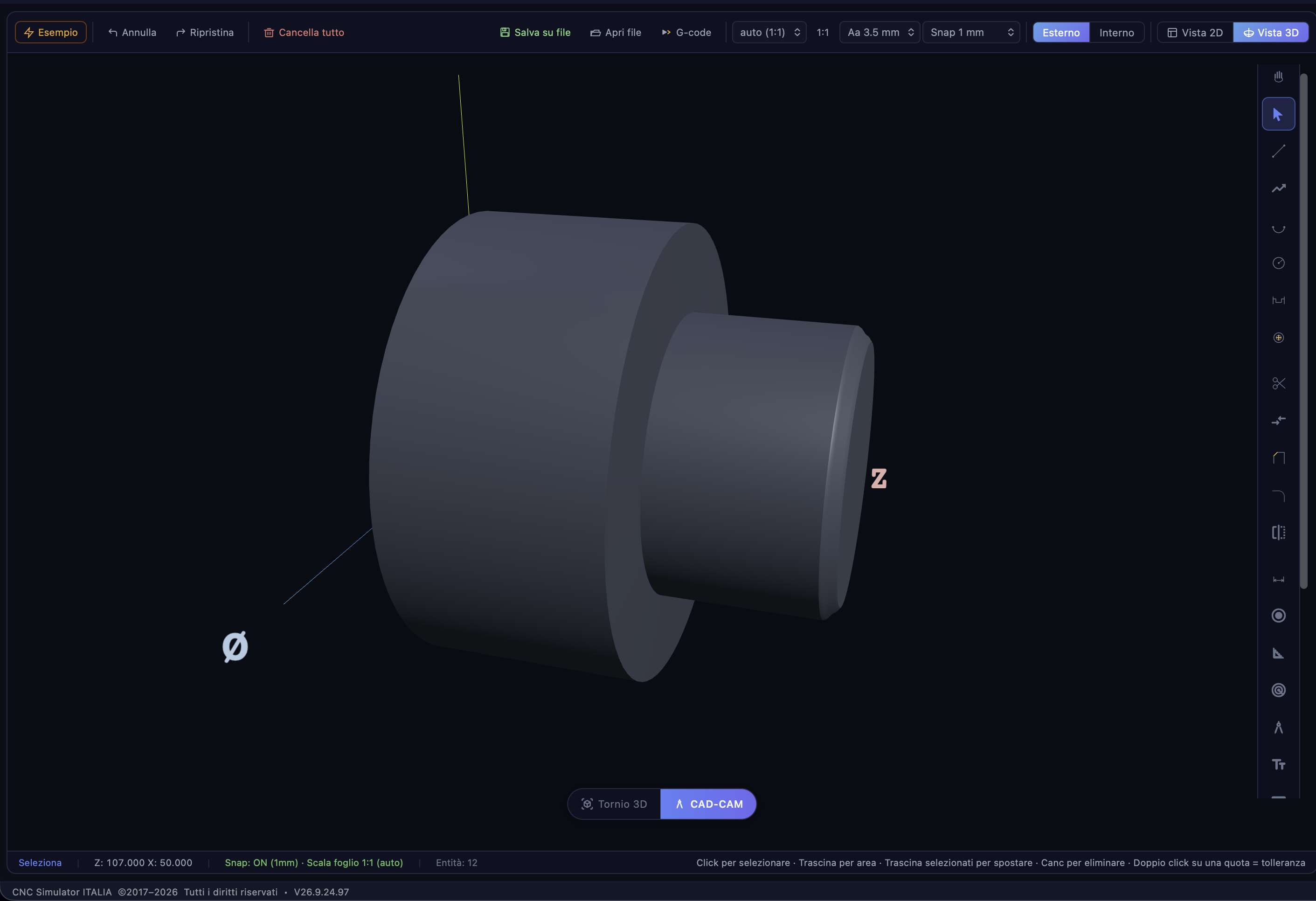 Lo stesso perno in Vista 3D nel CAD/CAM tornio: due cilindri con scalino e smusso sulla punta libera