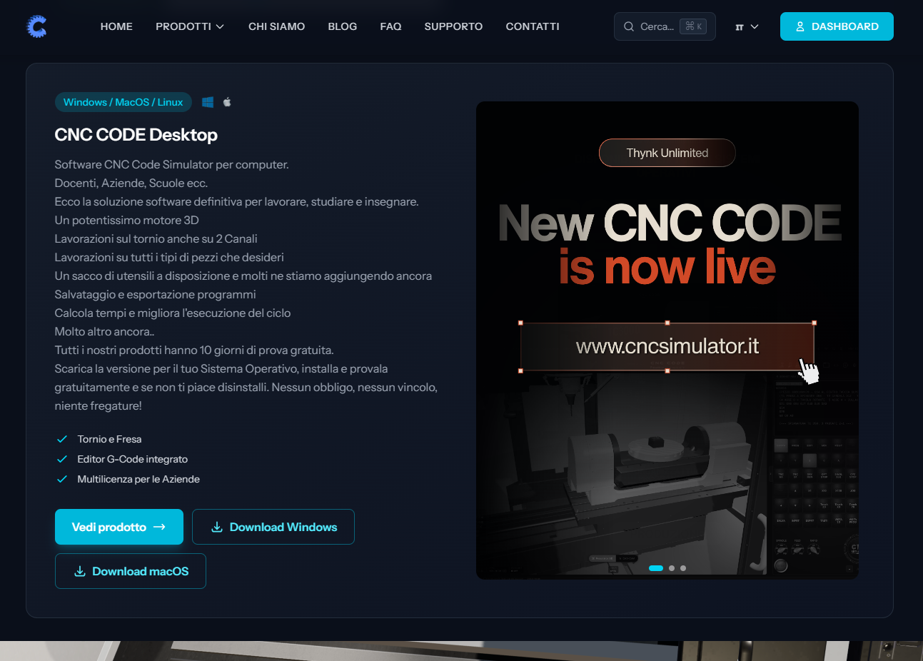 Pagina prodotto CNC Code Desktop — pulsante Download Windows