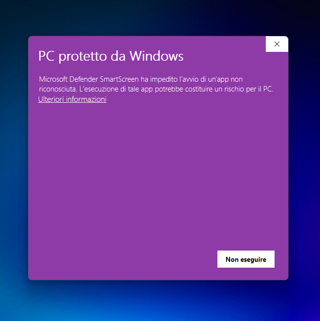 Avviso Windows Defender SmartScreen — PC protetto da Windows