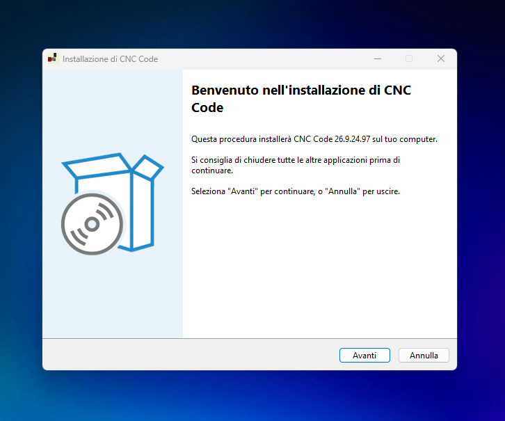 Schermata di benvenuto dell'installazione